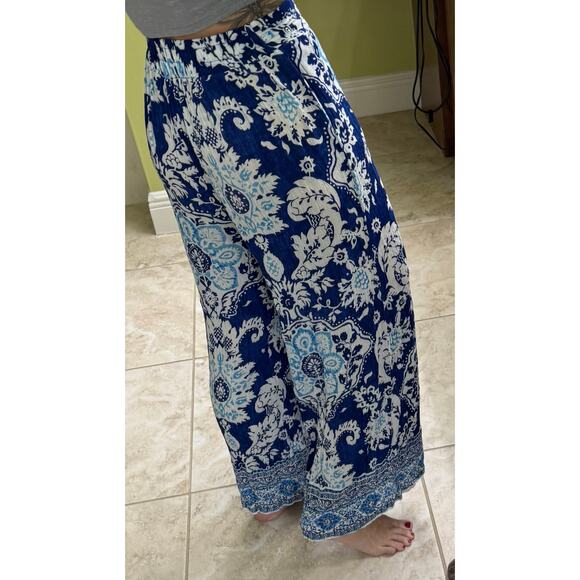 Rachel Zoe XS Floral blue palazzo pants with pockets pull on smocked back waist - Picture 4 of 4